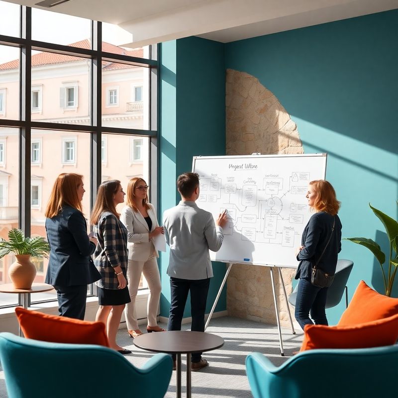 Konzultantski tim uz whiteboard s procesnim dijagramima u varaždinskom uredu