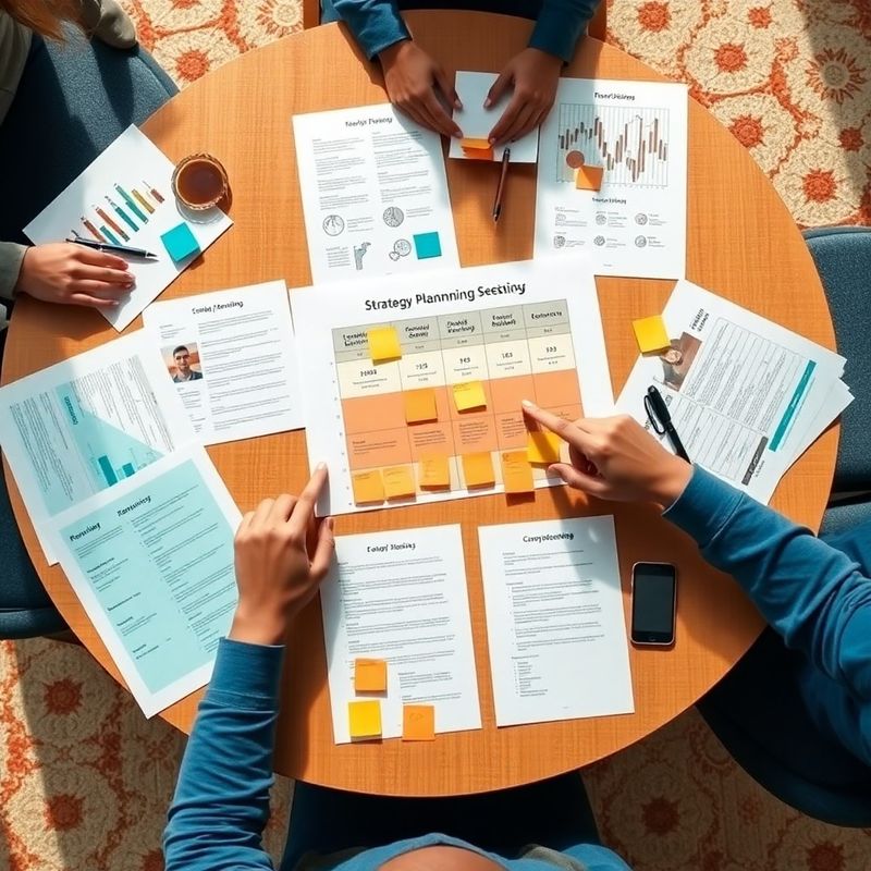Radna sesija strateškog planiranja s printanim mapama puta i post-itima
