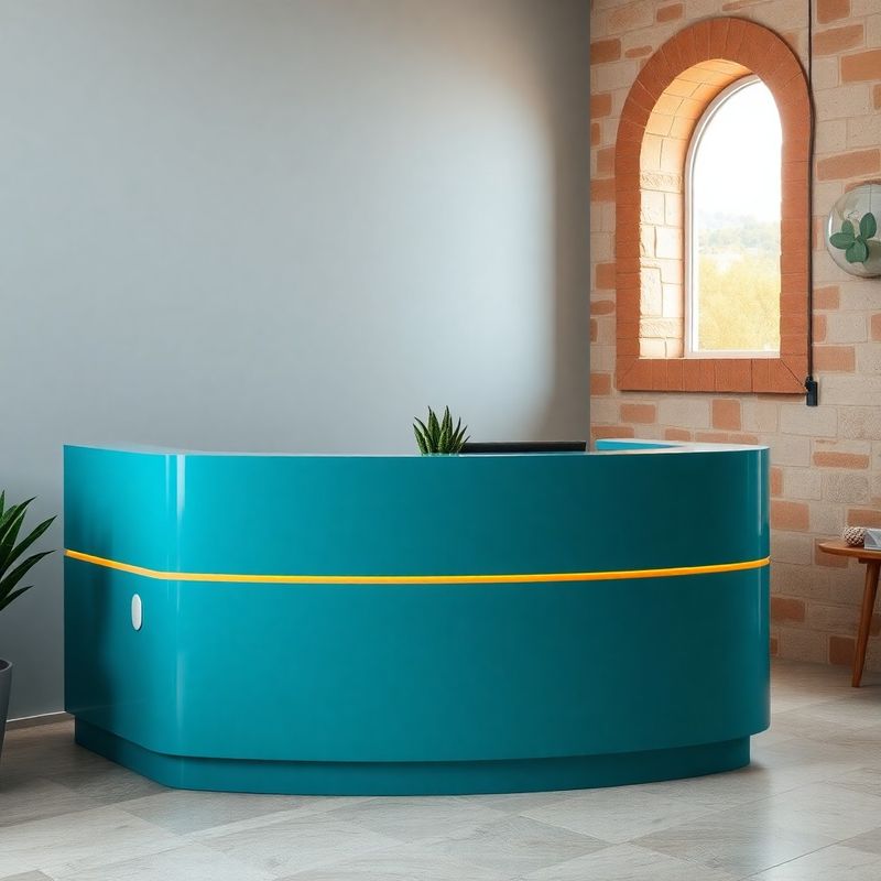 Recepcija u modernom uredu s teal akcentima i kamenim zidom